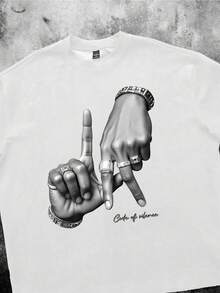 StoneGrade 洛杉矶 LA 字母潮流手势徽标印花休闲超大码男式白色 T 恤 - 白色 - 查看 3