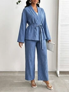 SHEIN Lady 女士条纹长袖上衣和裤子两件套 - 藍色 - 查看 5