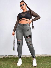 SHEIN ICON Plus Size Women Casual Everyday Wear Distressed Pocket Button Design Denim Jeans - Dark Grey - View 5