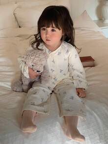 DAZY 2件套女婴V领蝴蝶印花舒适长袖衬衫和裤子睡衣套装 - 杏色 - 查看 7