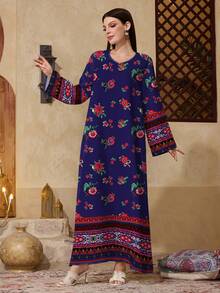 Al Najma Women's Round Neck Floral Print Casual Modest Party & Outing Arabic Style Dress - Multicolor - View 2