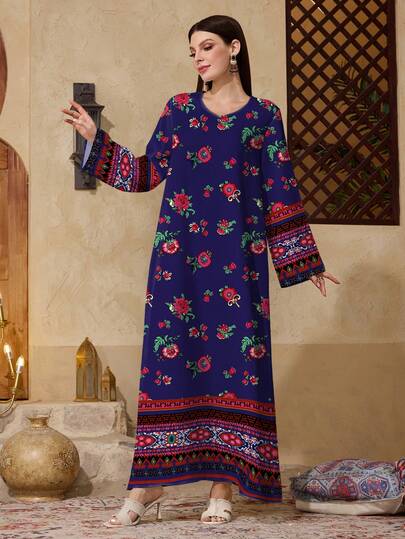 Al Najma Women's Round Neck Floral Print Casual Modest Party & Outing Arabic Style Dress