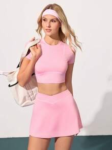 CourtClass Women's Sports Tennis Outfit, Short Sleeve Running/Training/Fitness Tennis Set, Contrast Color Yoga Suit, Summer - Pink - View 6