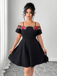 Elenzga Plus Size Women's Summer Elegant Boho Party Cocktail Dress,Black And Red Embroidered Floral Off-Shoulder A-Line Short Sleeve Waist-Cinching Fashion - Black - View 7