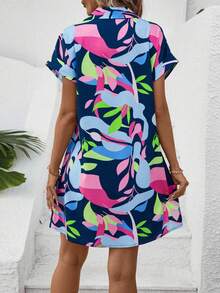 Breezaya Allover Print Batwing Sleeve Shirt Dress Vacation Beach Outfits Women - Navy Blue - View 2