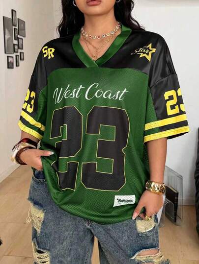 Coolane Women's Plus Size Spring/Summer For Festival And Going Out Vintage Y2K Number Pattern Graphics Baseball Jersey Black Jersey T-Shirt