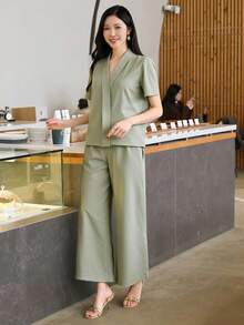 DAZY Bộ đồ nữ thanh lịch màu trơn gồm áo ngắn tay cổ chữ V và quần ống rộng, thích hợp mặc mùa hè hoặc dự tiệc cưới. - màu xanh lá - Xem 3