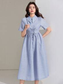 DAZY 女士休闲条纹翻领系带长连衣裙，春夏婚礼宾客礼服/吊带裙 - 藍色 - 查看 3