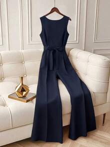 Gloray Women's Contrast Lace Sleeveless Wide Leg Casual Jumpsuit - Navy Blue - View 6