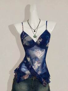 SHEIN ICON Women's Vacation Cashew Floral Print Ruffled Strap Camisole 4th Of July Women Outfits Cute Summer Tops Going Out Tops - Blue - View 3