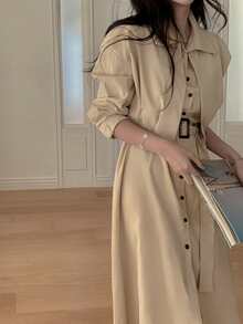 DAZY Đầm dài tay dáng midi kiểu cổ điển có ve áo và thắt eo, thích hợp cho nữ. - Màu Khaki - Xem 9