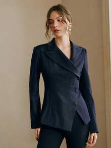 Anewsta Spring/Summer New Fashionable Asymmetrical Lapel Long Sleeve Fitted Women Blazer - Navy Blue - View 4