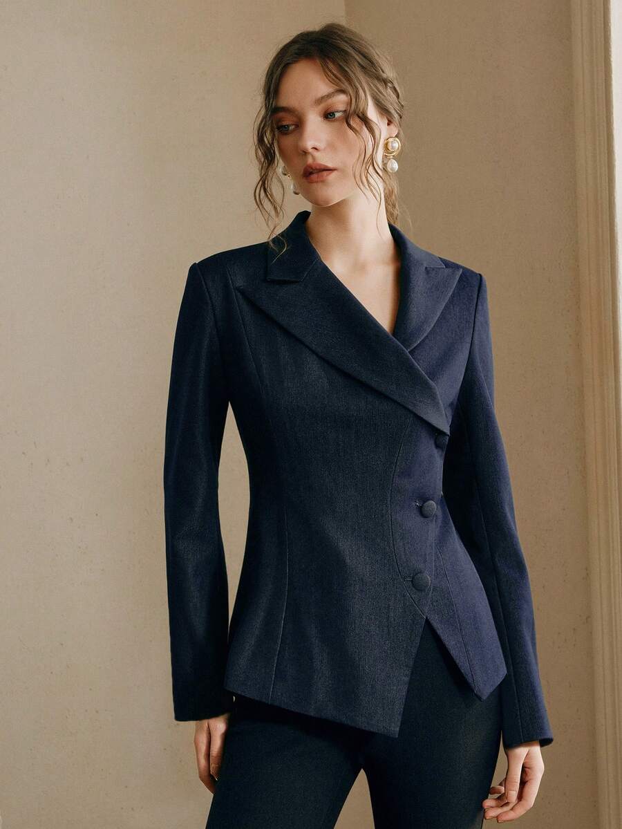 Anewsta Spring/Summer New Fashionable Asymmetrical Lapel Long Sleeve Fitted Women Blazer - Navy Blue - View 1
