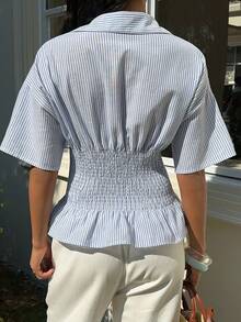 SHEIN EZwear Summer Blue Striped Fitted Woven Shirt For Women - White - View 2