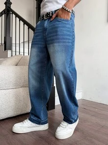 Manfinity EMRG 男士休闲宽松版型破洞裤脚豹纹胡须印花蓝色牛仔裤 - 中等水洗藍 - 查看 4