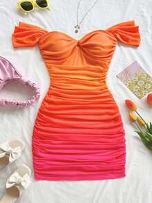 Soleia 大码女式节日日落渐变印花针织网眼露肩露肩紧身迷你连衣裙，镂空露背，适合节日、约会、下午茶、婚礼季、海滩、游轮、城市度假、波西米亚风度假、音乐节 - 彩色 - 查看 4