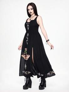 ROMWE Spring/SummergraphicblackGothic Heart, Butterfly, Star & Moon Print Double Slit Dress For Women - Black - View 4