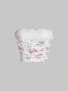 SHEIN MOD 夏季碎花印花褶皱抹胸 - 彩色 - 查看 2