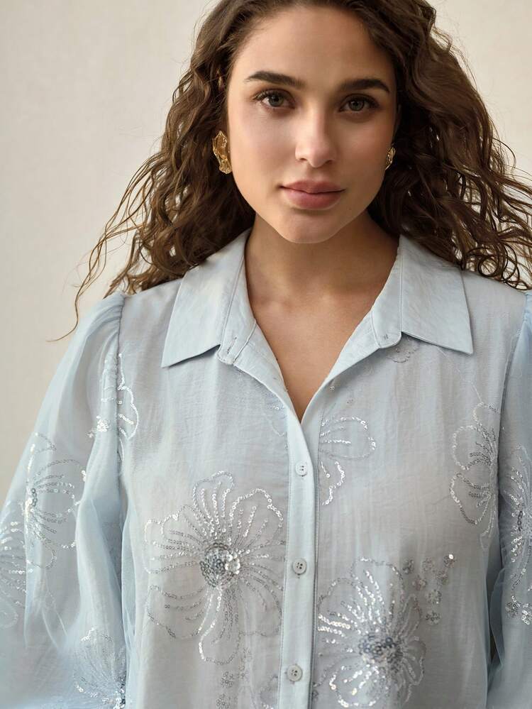 PLUS SIZE WOMEN'S ELEGANT VERSATILE SEQUIN DESIGN HIGH-END BLOUSE, SPRING/SUMMER