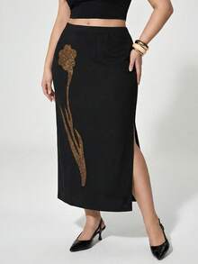 Maija 2026春季新款现代都市罗纹亮片花卉刺绣黑色长裙，大码款式，适合初秋派对穿着。浪漫、时尚、百搭；舒适、优雅、休闲、简约日常穿着，必备单品，适合假日休闲，适合单身女士，优雅时尚商务休闲春夏女装情人节狂欢节时尚女装派对沙滩婚礼度假休闲长款黑色裙子 - 黑色 - 查看 5