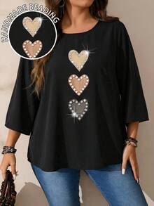 Mellowie 大码女式休闲印花圆领宽松七分袖衬衫，秋冬季 - 彩色 - 查看 3