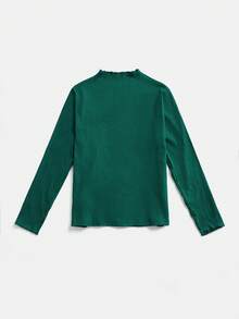 SHEIN EZwear 女式加大码橄榄绿罗纹长袖T恤，简约秋季 - 墨綠色 - 查看 2