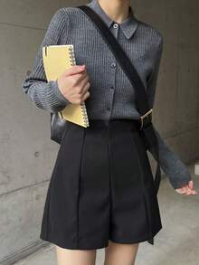 FRIFUL Women Casual Solid Color High Waist Shorts School - Black - View 3
