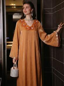 Al Najma Women's Elegant Arabic Style Chiffon Dress With Rhinestone Floral Trim, Long Sleeve, Orange With Golden Shimmer, Spring/Summer - Orange - View 8