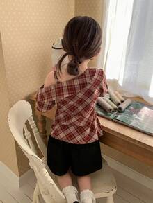 DAZY Young Girls Plaid Korean Style Casual Short Sleeve Shirt, Spring/Summer - Red - View 6