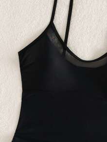 Swim Lushoire Women's Black Mesh Splice Drawstring Tie Tankini Top And Solid High Waist Bottoms 2-Piece Swimsuit, Suitable For Beach, Vacation, Casual Wear - Black - View 3