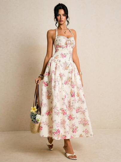 Poéselle 女士碎花露背吊带休闲连衣裙