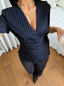 Siren Gaze 新款褶裥腰身条纹修身衬衫，藏蓝色复古时尚办公衬衫，女士必备工作服，教师制服，办公服装 - 藏蓝色 - 查看 3