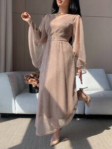 DAZY Women's Elegant Solid Color V-Neck Ruffle Sleeve Belted Long Dress, Spring/Summer Maxi Dress Sundress - Pink - View 7