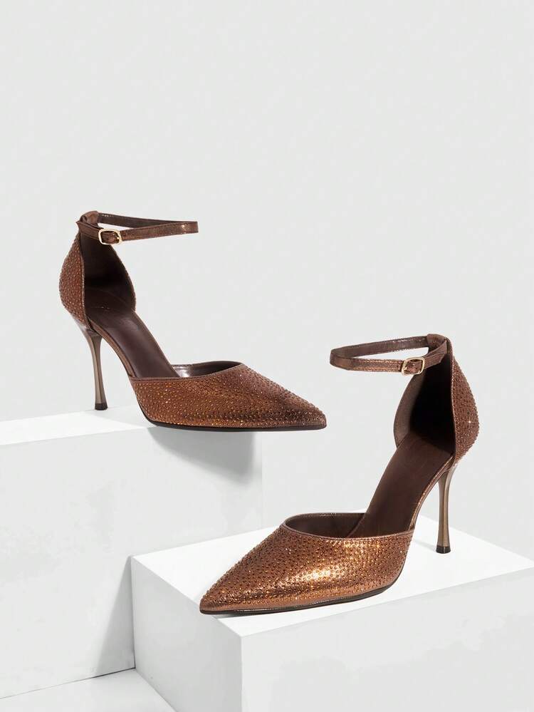 CUCCOO SZL Women Shoes Fashion Pointed Stiletto Brown Full Diamond Ankle Strap Hollow Women's Shoes Fashion Sexy Banquet Party Women's High Heel Shoes Women's Shoes Spring Shoes