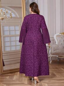 Reflora Đầm dài tay xẻ tà cổ chữ V họa tiết hoa jacquard dành cho nữ cỡ lớn, thanh lịch. - Màu tím - Xem 8