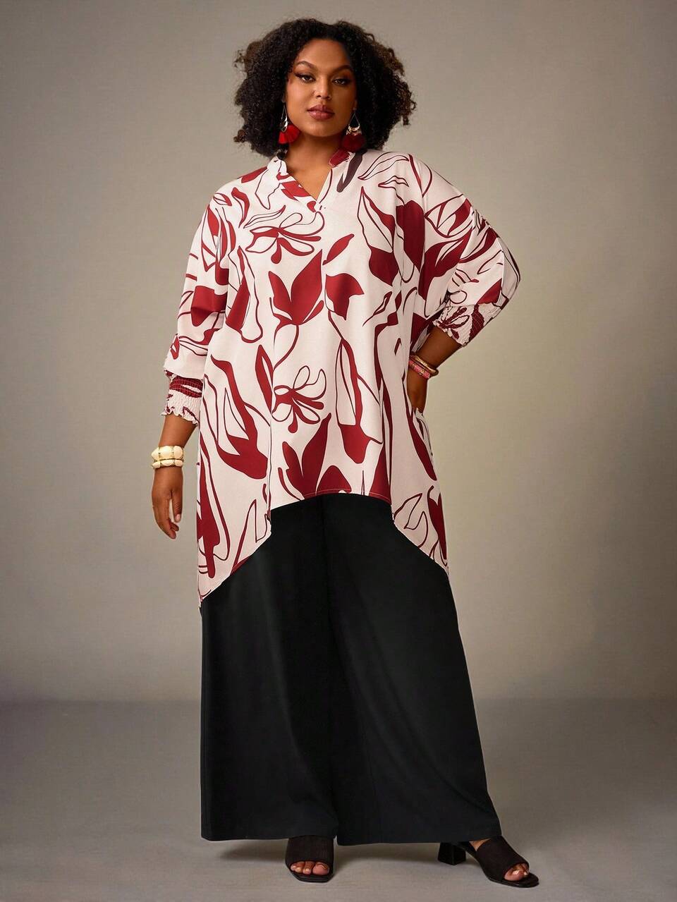 Plus Size Women's 2 Pieces Set,Floral Print Shirt Top And Black Pants,Elegant,Classy,Dinner,Autumn,Black And White,Casual Vacation Spring Outfits,2026