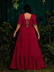 Roveilla Plus Size Square Neck Ruffle Trim Slit A-Line Dress, Burgundy, Elegant Vintage Style For Holiday, Party, Occasion - Burgundy - View 2