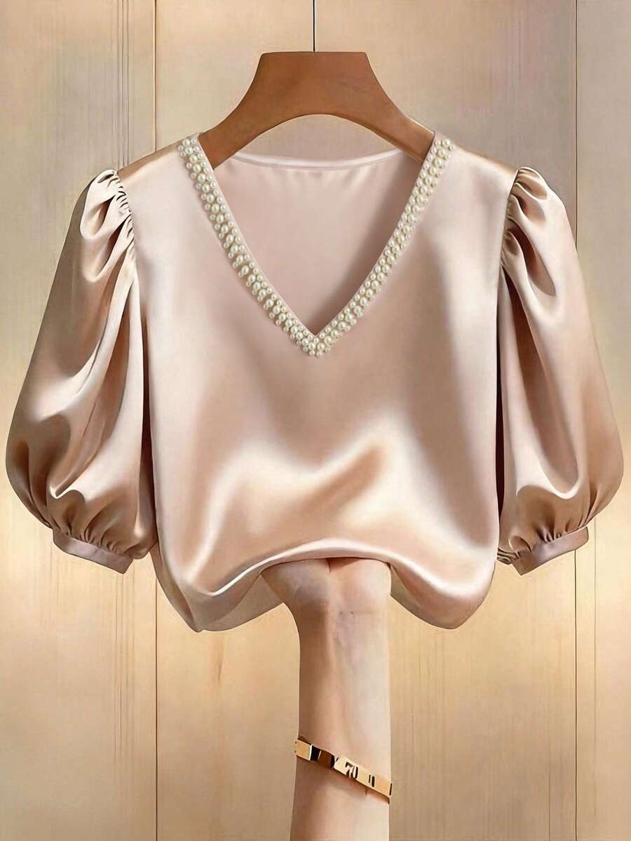 Franclia 女士V领珍珠点缀缎面织锦衬衫，V领衬衫，珍珠点缀衬衫，女士衬衫，夏季服装，休闲户外服装，时尚优雅休闲衬衫，节日风格，派对风格 - 粉色 - 查看 1