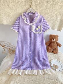 Summer Clothes  Girls' Button Front Floral Patchwork Ruffle Hem Pockets Short Sleeve Casual Dress Lavender Pajama Dress - Purple - View 1