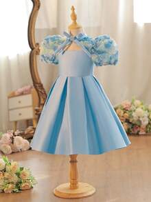 SHEIN 年轻女孩修身优雅镂空腰部A字连衣裙，配立领 - 藍色 - 查看 6