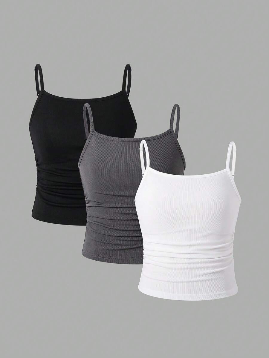 SHEIN 3件套少女修身休闲运动吊带背心基础款上衣 - 彩色 - 查看 1