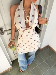 Muchica Summer Dresses Polka Dot Yellow Polka Dot Print Mesh Plunging Neck Backless Dress - Yellow - View 5