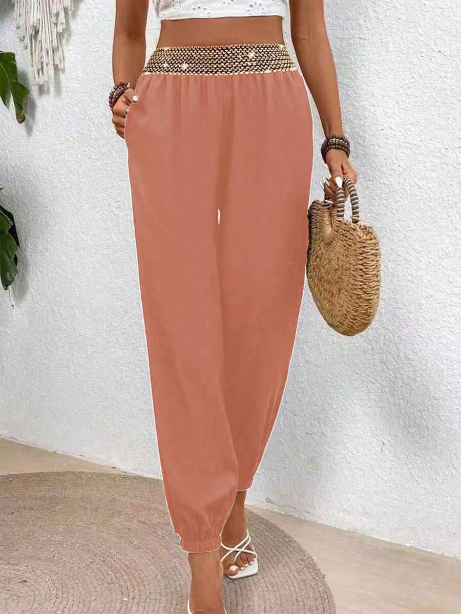 EMERY ROSE Women's Casual Vacation Style Metal Waist Slant Pocket Drawstring Pants - Orange - View 1