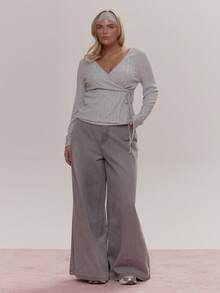 MUSERA Ribbed Long Sleeve Wrap Around Tie Top Cute Cosy Spring Everyday Sugar Swizzle - Grey - View 5