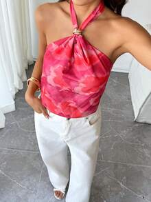 Nevyona 女士新款Y2K风格露背金属扣吊带上衣 - 扎染印花修身褶皱短款无袖露脐上衣 - 玫紅色 - 查看 5