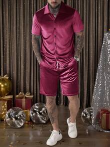 Manfinity AFTRDRK Men Velvet Shirt & Drawstring Waist Shorts Gold Shirt Menmen's Two Pieces Set - Red - View 4