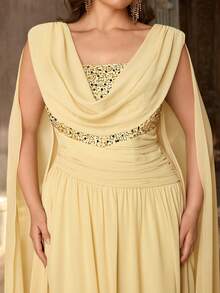Aureia Đầm chữ A xếp ly bằng chiffon sang trọng, màu vàng kim, cổ bèo nhún, tay loe, cỡ lớn, thích hợp cho đám cưới, tiệc tùng, lễ kỷ niệm, sự kiện trang trọng, dạ hội (Thiết kế đính kết cầu kỳ) - Màu vàng - Xem 8