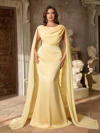 Aureia Plus Size Elegant Romantic Yellow Round Neck Patchwork Lantern Sleeve Mermaid Hem Dress, Suitable For Influencer Parties, Celebrations, Formal Events, Galas