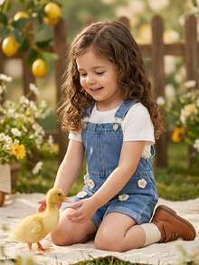 女婴休闲百搭牛仔背带裤，带贴花 - 中等水洗藍 - 查看 6