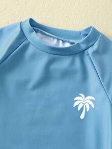 SHEIN Conjunto de 3 piezas para bebé unisex: Bañador de manga larga con protección solar y gorro con estampado de árbol de coco azul, adecuado para la playa, la piscina y las vacaciones - Neblina azul - Ver 6